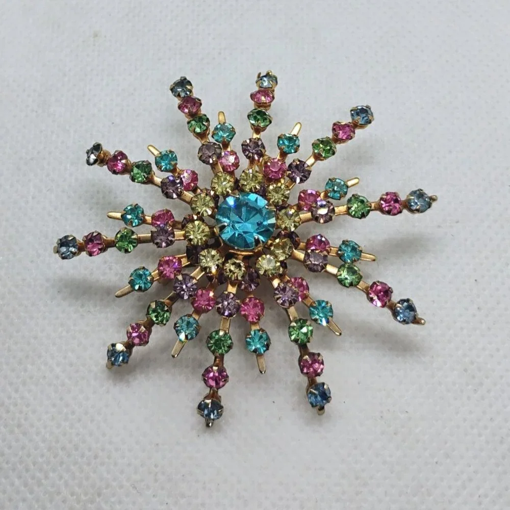 Vtg Atomic Starburst Firework Pastel Prong Set Rhinestone 3D BroochPin - Picture 2 of 5